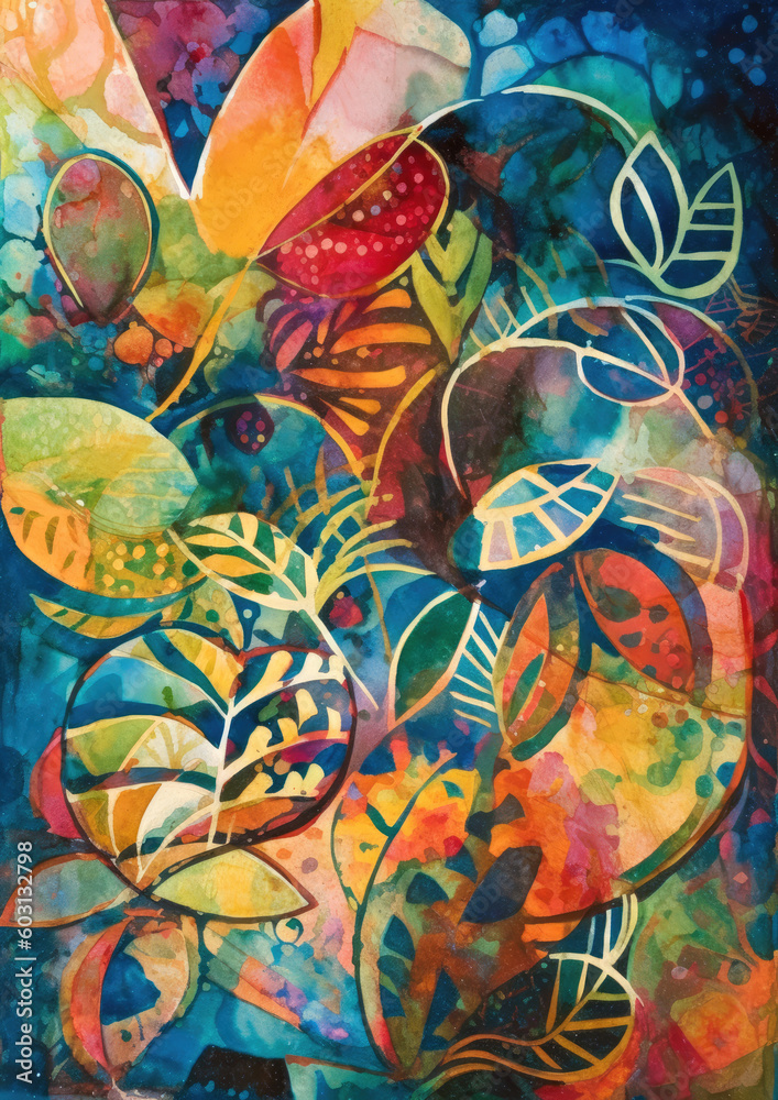 Beautiful abstract painting with tropical shapes painted in a Gouache style — leaves and trees