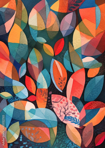 Beautiful abstract painting with tropical shapes painted in a Gouache style — leaves and trees