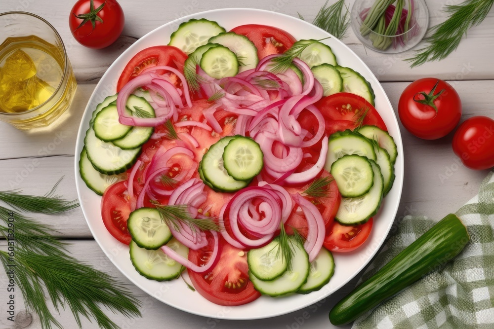 healthy salad with fresh cucumbers and onions on a white plate Generative AI healthy salad with fresh cucumbers and onions on a white plate Generative AI