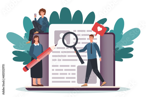 Resume filling concept. Man with magnifying glass and woman with pencil. Workers looking for job, candidates for vacancy. CV and curriculum vitae. Hiring workers. Cartoon flat vector illustration