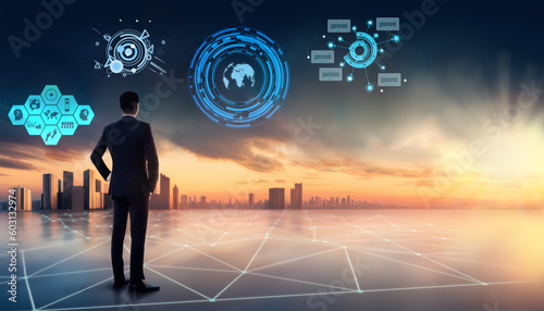3d illustration of Businessman looking at holographic information displayed over the skyline