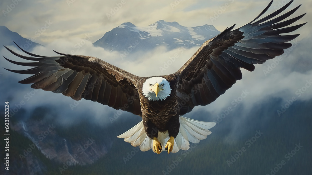 Obraz premium 늠름하게 하늘을 날고 있는 독수리. 인공지능 생성