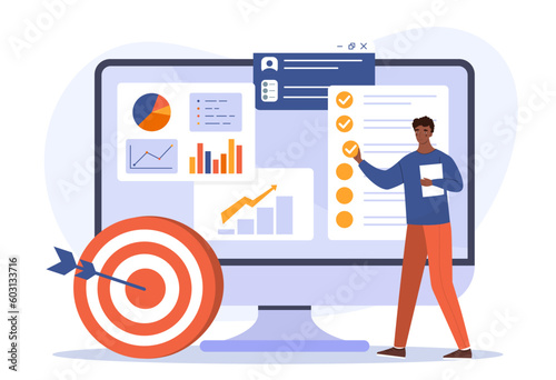 Successful goal concept. Man stands near target next to computer screen and graphs. Analyst doing market research. Estimation of expenses and income. Cartoon flat vector illustration photo