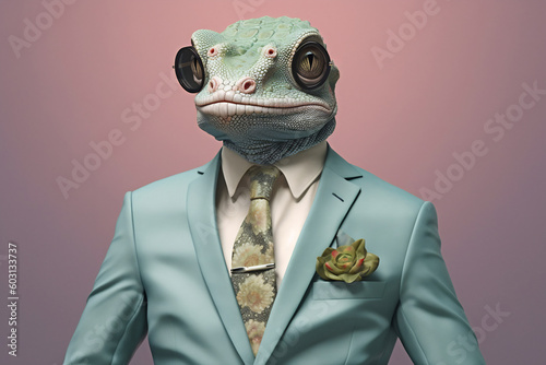 Chameleon in a green jacket and tie Generative AI