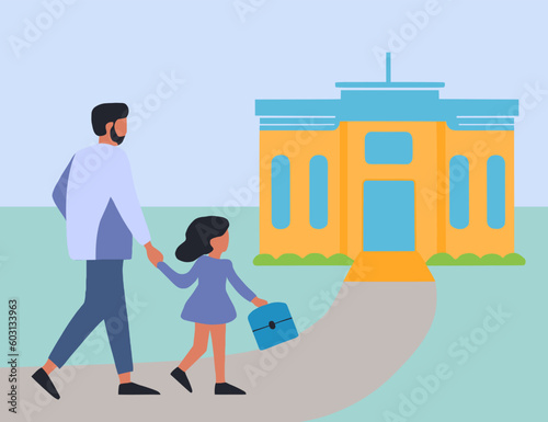 Back to school, father takes his daughter to school, vector illustration in Corporate Memphis style.