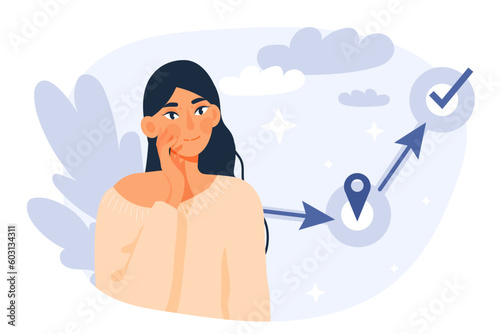 Customer journey experience. Woman stands and looks at dots with checkmarks. Scheme and stages, shopping cycle. Analysis of clients behavior and marketing research. Cartoon flat vector illustration