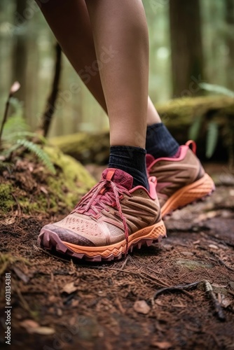 Close-up of lady trail runner's shoes on forest path. (Generative AI)