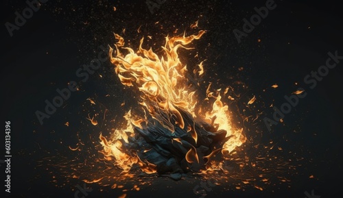 Burning fire backdrop for impactful designs with sparks and powerful flames. (Generative AI)