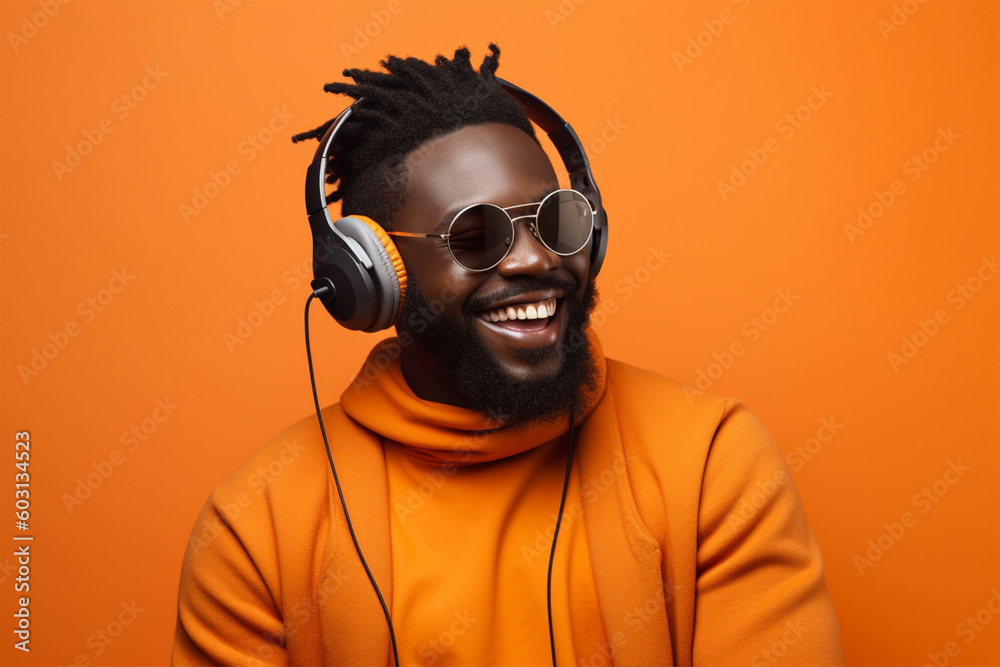 young happy african american man on a bright background in headphones listens to music. Generative AI