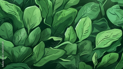 Fresh Organic Spinach Vegetable Cartoon Horizontal Background Illustration. Healthy Vegetarian Diet. Ai Generated drawing Background Illustration with Delicious Juicy Spinach Vegetable. Generative AI
