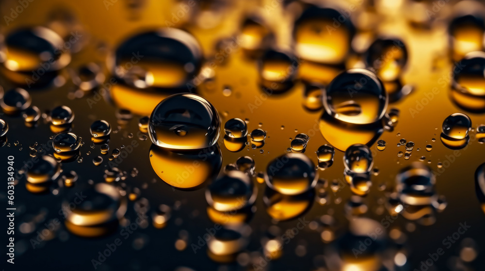  background, some drops of water on a yellow background and gold, in the style of dark black and light amber, Generative AI