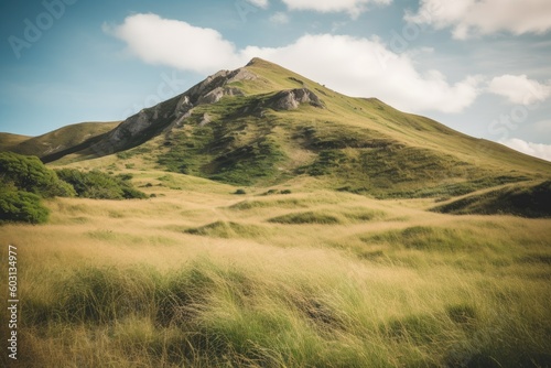 serene landscape featuring a mountain and a lush green field Generative AI
