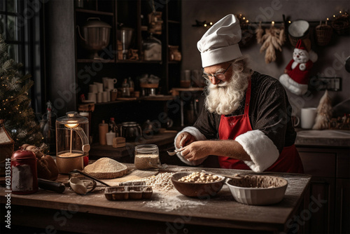 Santa Claus is baking delicious Christmas cookies on the eve of the holiday concept of Christmas and New Year. Generative AI