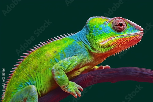 Lizard chameleon on dark green background Generative AI