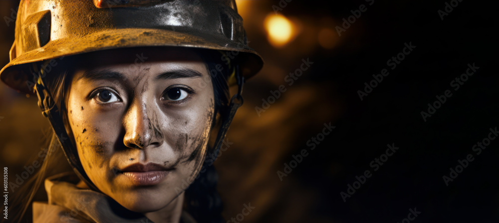 Young Asian woman with face dirty, helmet on her head, dark background to emphasise deep mine - natural resource miner, hard working conditions mining industry in China and Asia. Generative AI