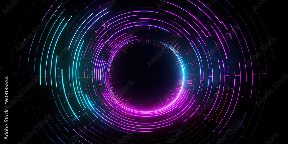 abstract background of a glowing colorful circle on a dark background, retro futuristic cyberpunk style, purple and blue, Generative AI