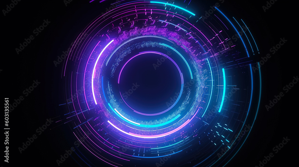 Fototapeta premium abstract background of a glowing colorful circle on a dark background, retro futuristic cyberpunk style, purple and blue, Generative AI