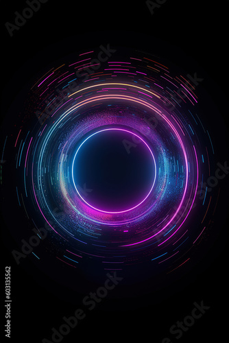 abstract background of a glowing colorful circle on a dark background, retro futuristic cyberpunk style, purple and blue, Generative AI