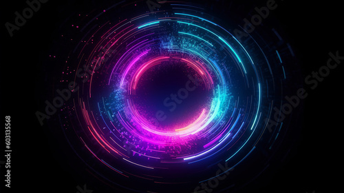 abstract background of a glowing colorful circle on a dark background, retro futuristic cyberpunk style, purple and blue, Generative AI