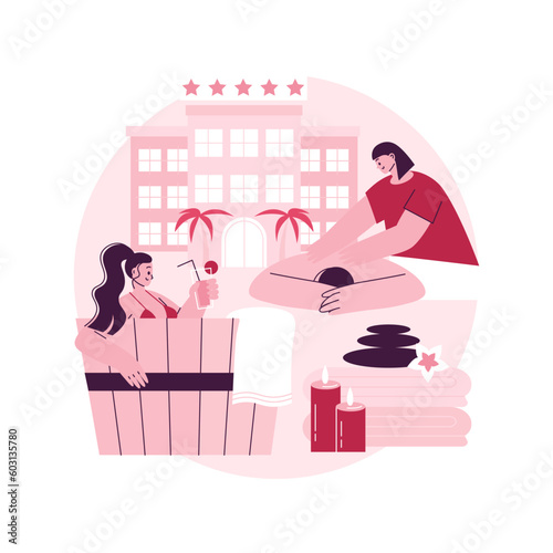 Wellness and spa hotel abstract concept vector illustration. Massage and bodywork service, spa center, luxury resort, wood bath, holistic wellness, body care, swimming pool abstract metaphor.