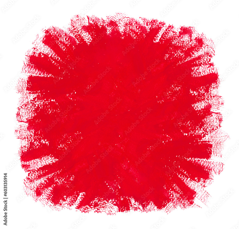 Red trendy color paint brushstrokes texture on white paper. Grunge red paint background with copy space. Abstract painting design element. Fluffy round frame, text box.