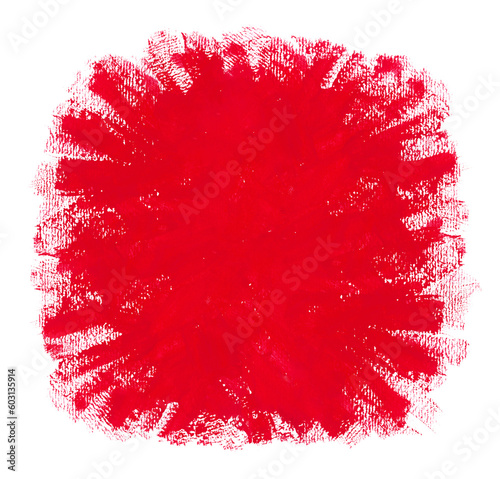 Red trendy color paint brushstrokes texture on white paper. Grunge red paint background with copy space. Abstract painting design element. Fluffy round frame, text box.