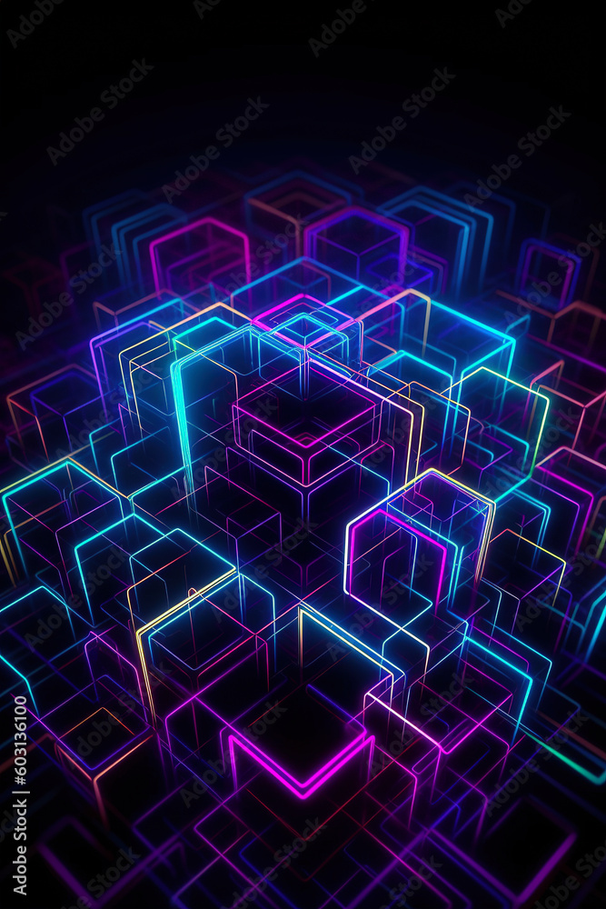 a dark neon background made up of blue and purple lights, Generative AI