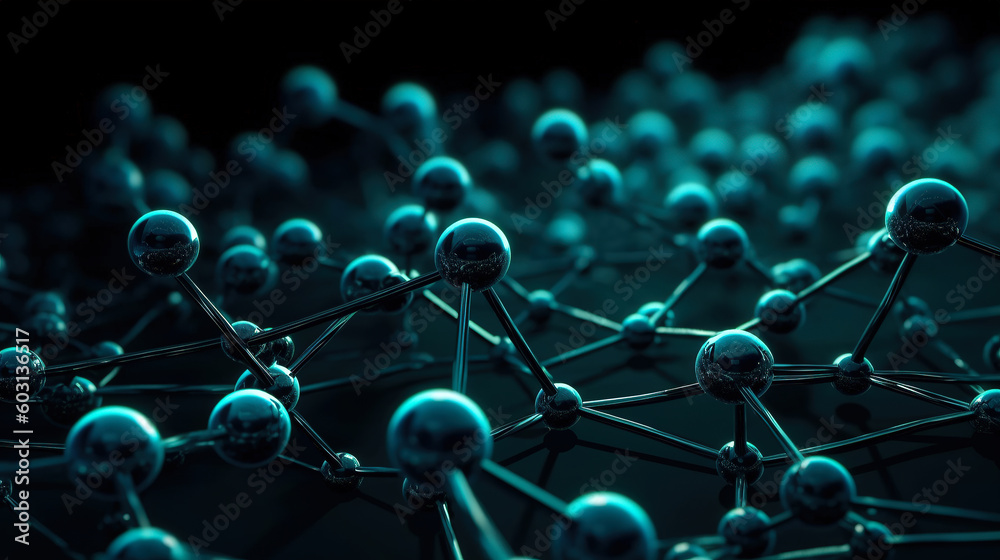 network of blue metal balls on a black background, in the style of focus on materials, dark green and gray, scientific diagrams, Generative AI network of blue metal balls on a black background, in the style of focus on materials, dark green and gray, scientific diagrams, Generative AI