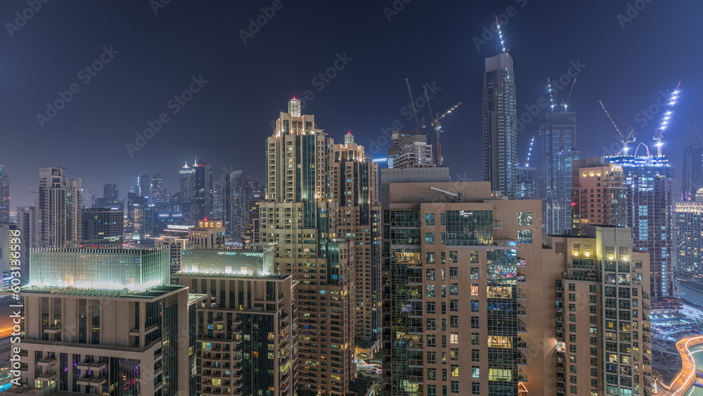 Panorama of downtown Dubai city aerial night timelapse