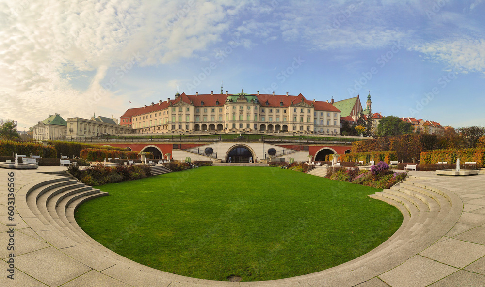 WARSAW, POLAND - October 26 2022: View of the royal castle. King palace park, tourist attraction in Warsaw, Poland