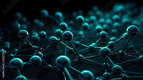  network of blue metal balls on a black background, in the style of focus on materials, dark green and gray, scientific diagrams, Generative AI