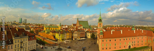 WARSAW, POLAND - October 25 2022: Panoramic top view of the old town of Warsaw. Royal Castle, ancient townhouses and Sigismund's Column. Warsaw, Poland