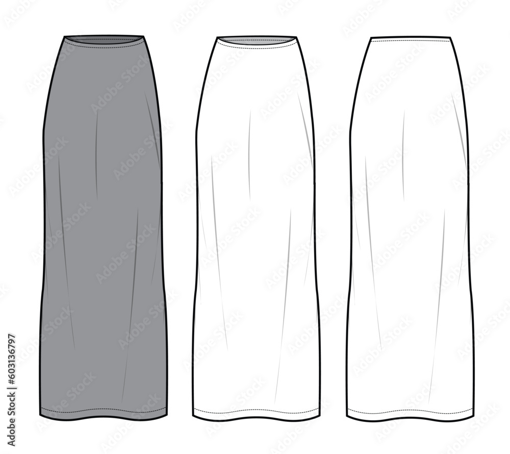 Pencil skirt front and back view flat sketch vector mockup template ...