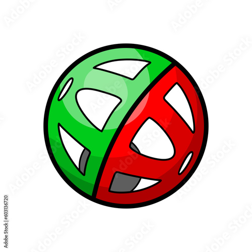 Cartoon cat toy ball with a bell hollow. Teasing toys for cats, kitten interactive training. Accessories and supplies for pet shop. Playing goods for domestic animals. Vector isolated illustration.