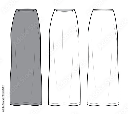 Pencil skirt front and back view flat sketch vector mockup template