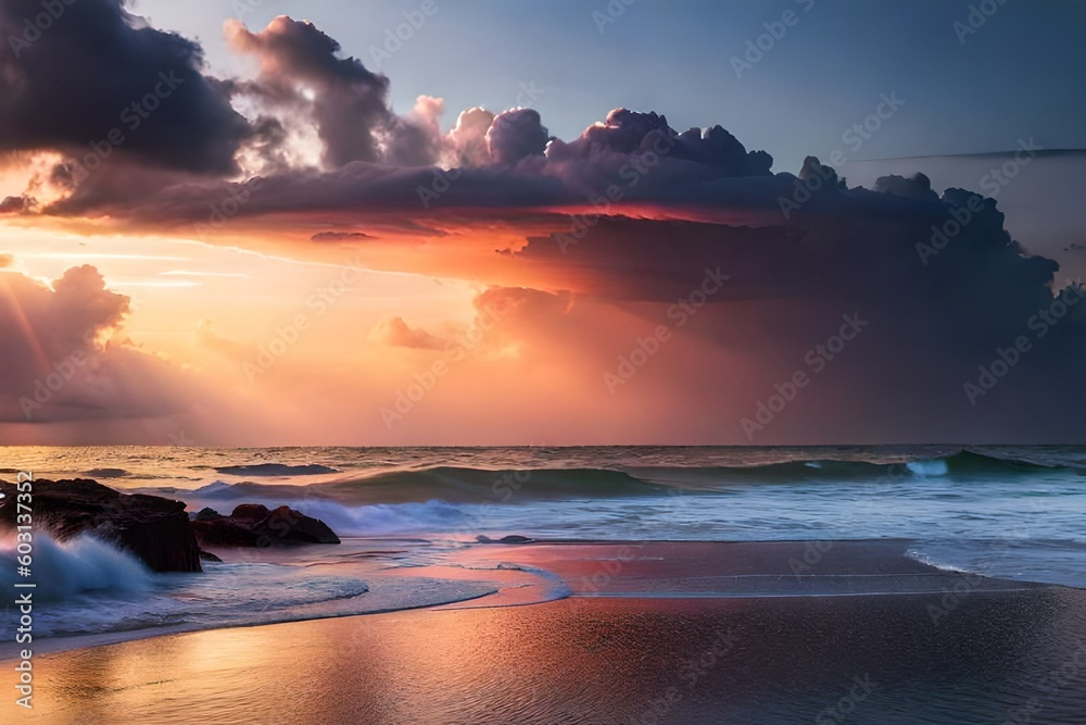 Photo hyper-realistic of the dark sky with red and violet clouds and lightning hit the sea surface. Cinematic lighting, insane detailing