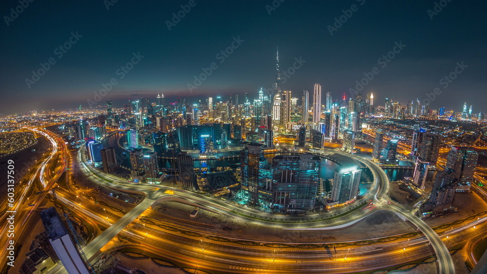 Panoramic skyline of Dubai with business bay and downtown district day to night timelapse. Panoramic skyline of Dubai with business bay and downtown district day to night timelapse.
