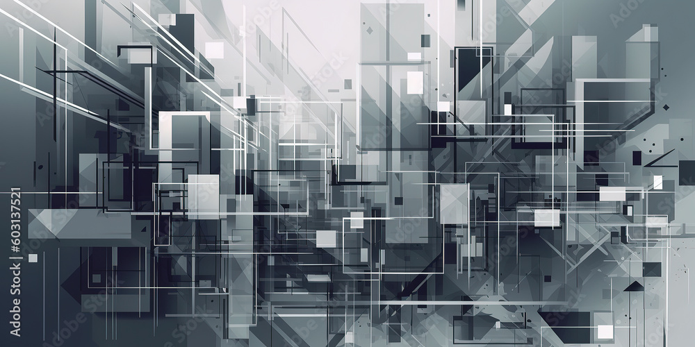 Obraz premium a digital abstract background of squares, in the style of haunting structures, light silver and dark navy, cityscape abstraction, precisionist lines and shapes, busy compositions, Generative AI