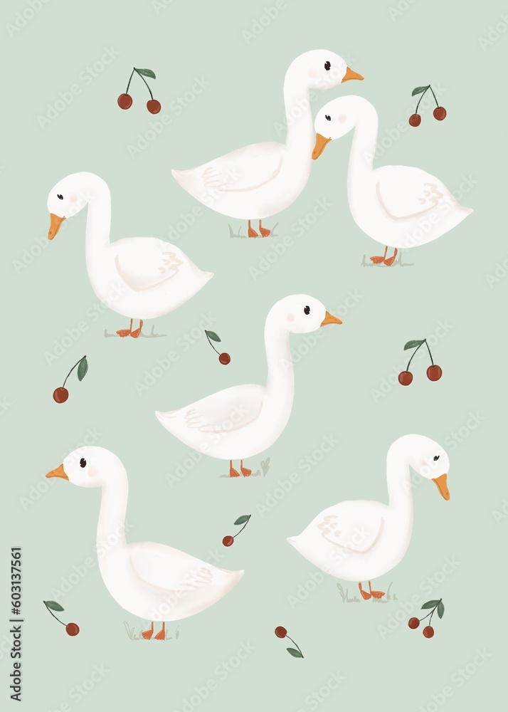 Cute geese on a soft green background, bird yard, poster for children, white geese and red cherries Cute geese on a soft green background, bird yard, poster for children, white geese and red cherries