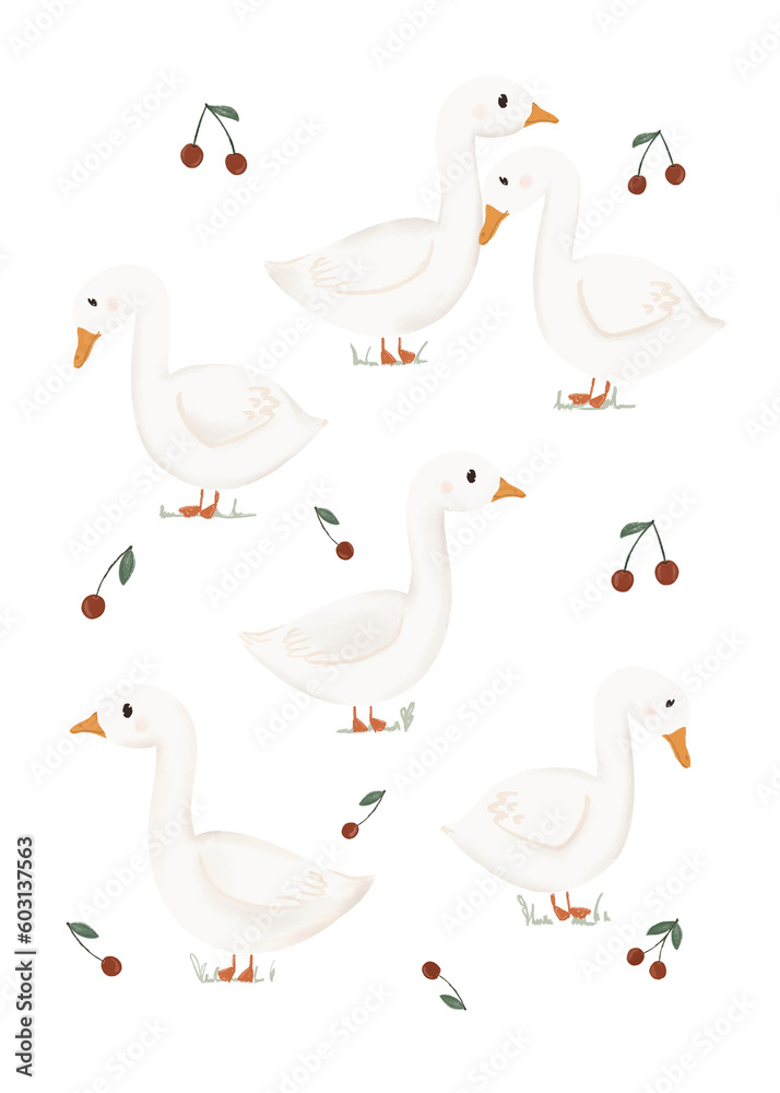 Cute poster with geese and cherries for children's room, white vintage geese on light background