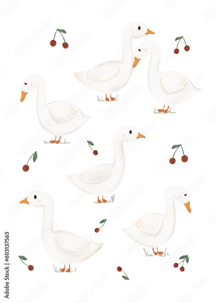 Cute poster with geese and cherries for children's room, white vintage geese on light background Cute poster with geese and cherries for children's room, white vintage geese on light background