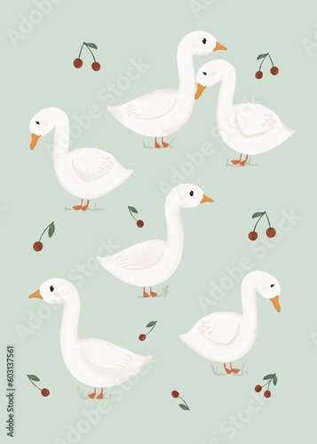 Cute geese on a soft green background, bird yard, poster for children, white geese and red cherries