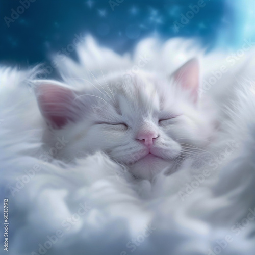 Sleep and well-being generative ai Illustration. . A peaceful kitten slumbers on a fluffy cloud, embodying restful rejuvenation and the essence of healthy sleep. Illustrative. Generative ai. 