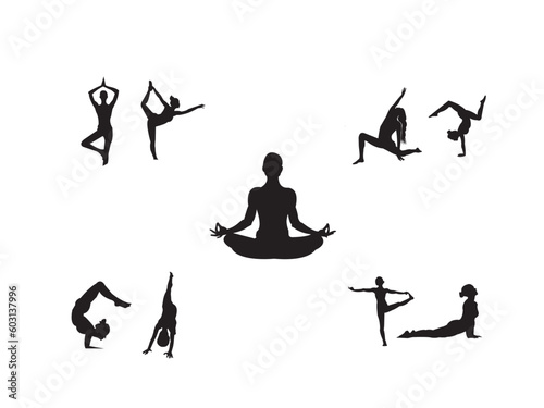 big set of people practicing Yoga Poses Woman Silhouette Set Isolated .Yoga Poses on White, Woman Asana Position Exercise vector and illustration