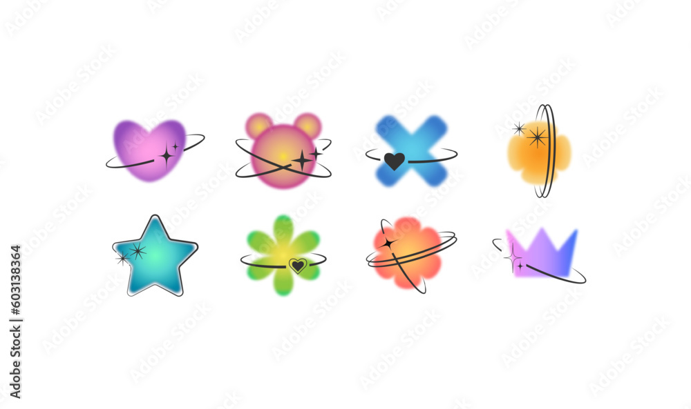 Set of Y2k gradient blurred elements. Heart, flower, star, bear, cross and other primitive elements. Groovy abstract shapes and retro stickers with aura. Modern vector illustration.