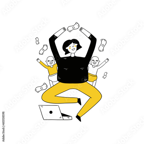 Mother on maternity leave earns money freelancing outline illustration.