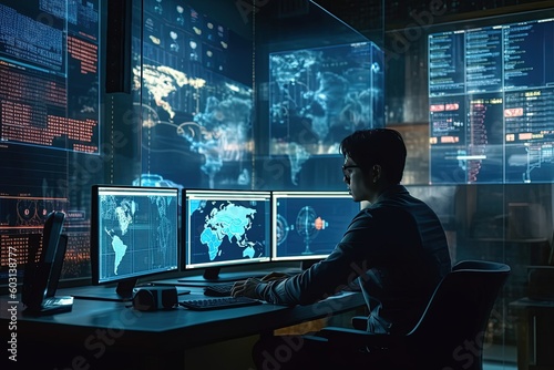 A businessman's expertise in financial markets is showcased as he diligently works on a virtual screen monitor, exploring the dynamics of central banking and international currencies for money transfe