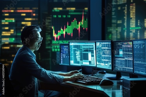 Businessman working on virtual screen monitor with central banking and international currency include dollar Yuan Yen Pound sterling and Euro for forex and currency exchange money transfer concept