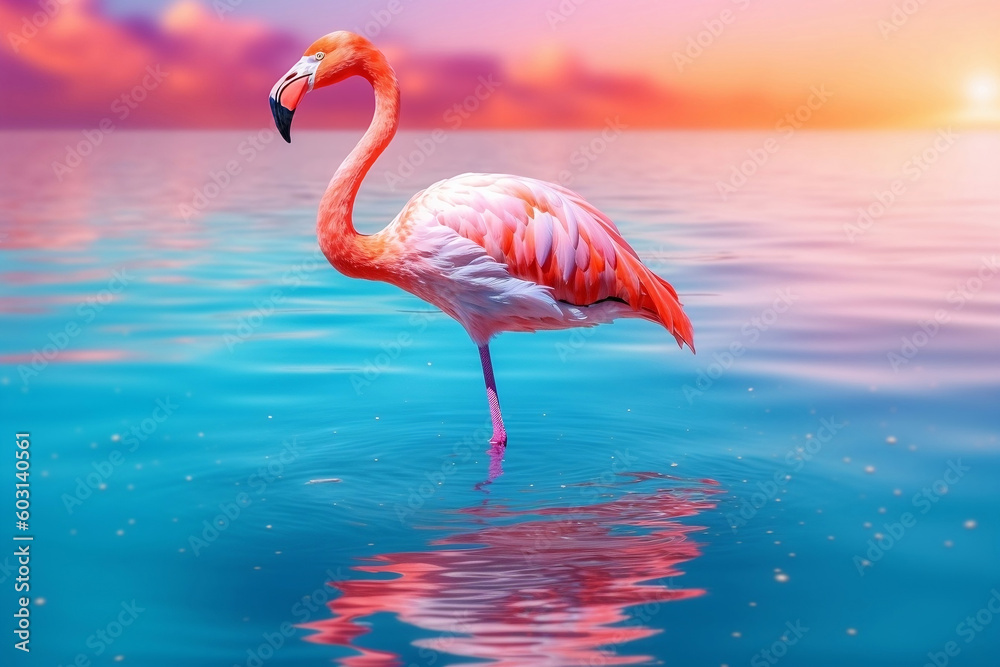 Fototapeta premium Shiny flamingo bird in pastel synthwave colors on a pastel water surface, summer scene