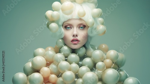 Fashion model wearing plastic spheres outfit. Generative Ai image